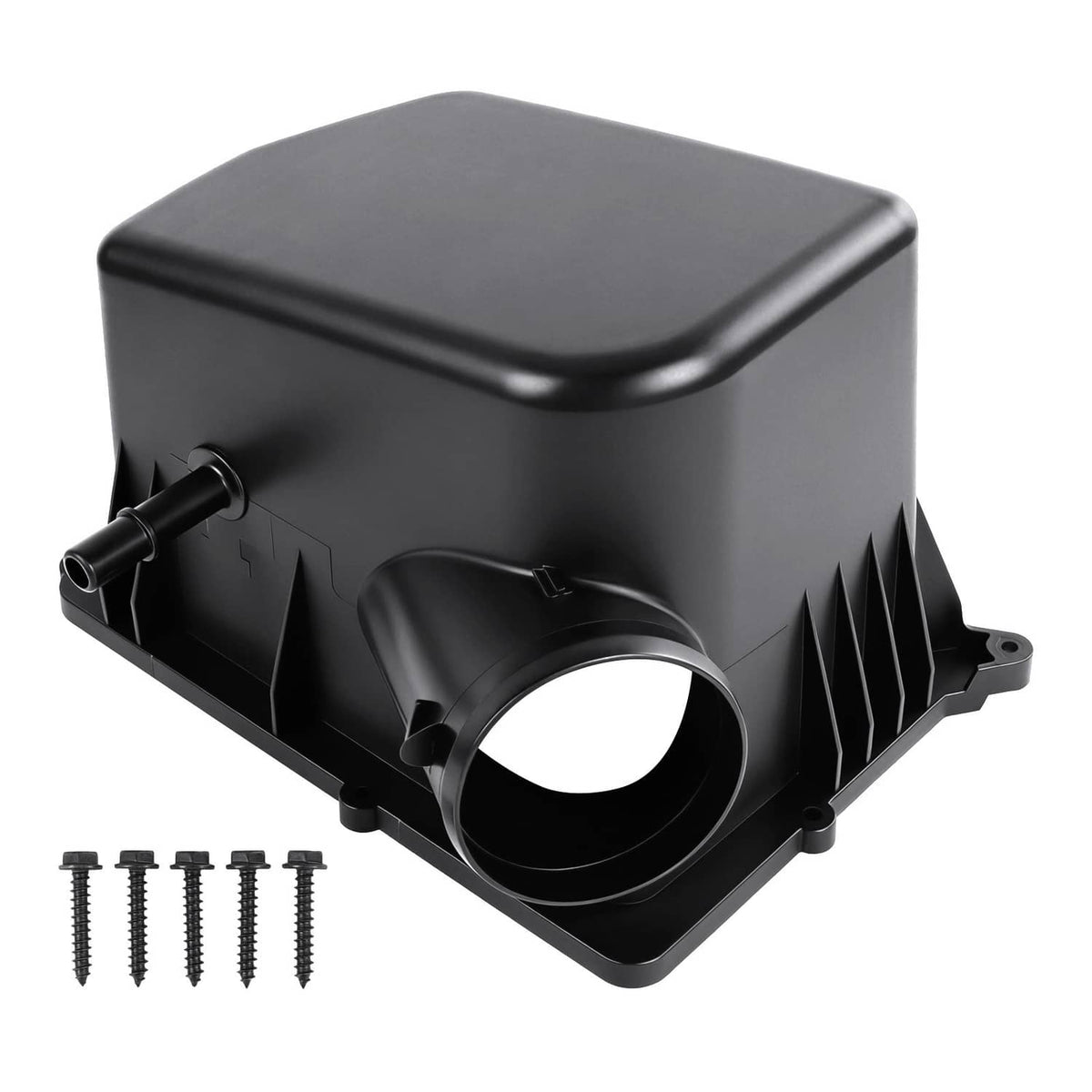 Black plastic air filter housing with inlet tube and mounting screws, compact box shape.