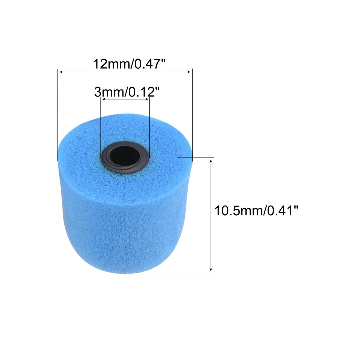 Single blue foam ear tip with central sound hole and printed size measurements