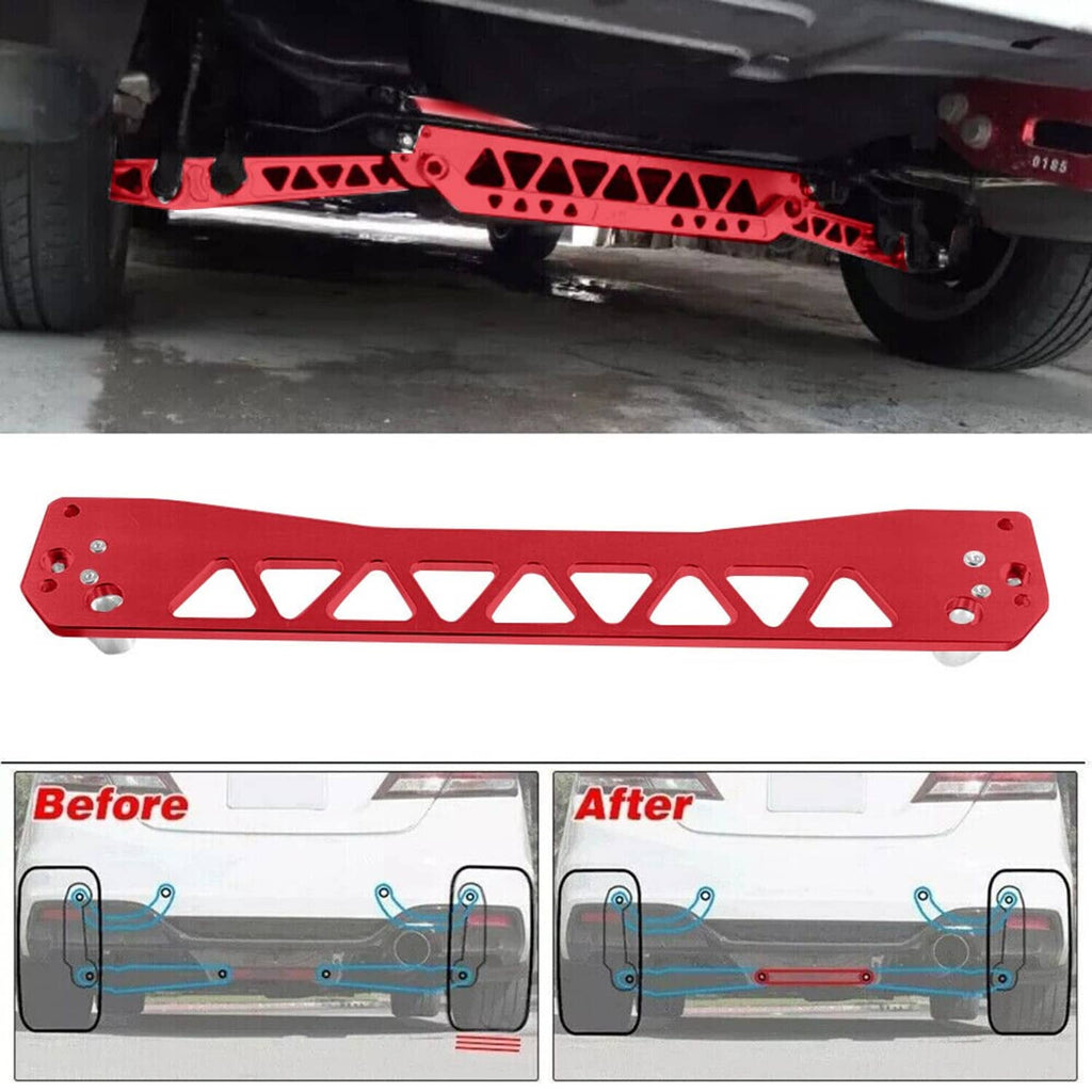 Red rear subframe control arm tie bar brace installed under vehicle