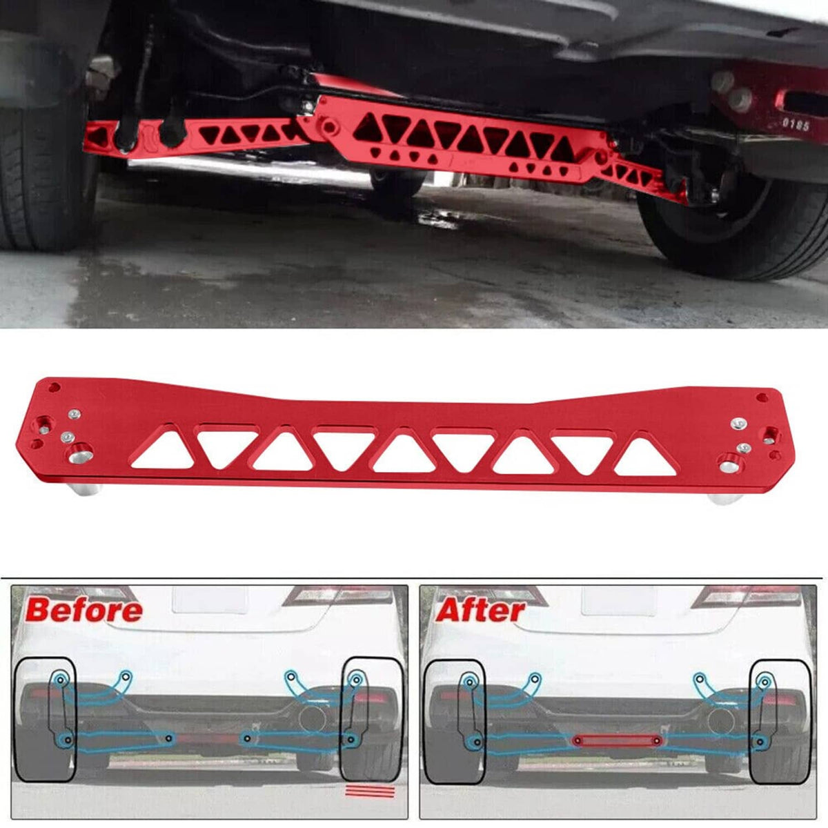 Red rear subframe control arm tie bar brace installed under vehicle
