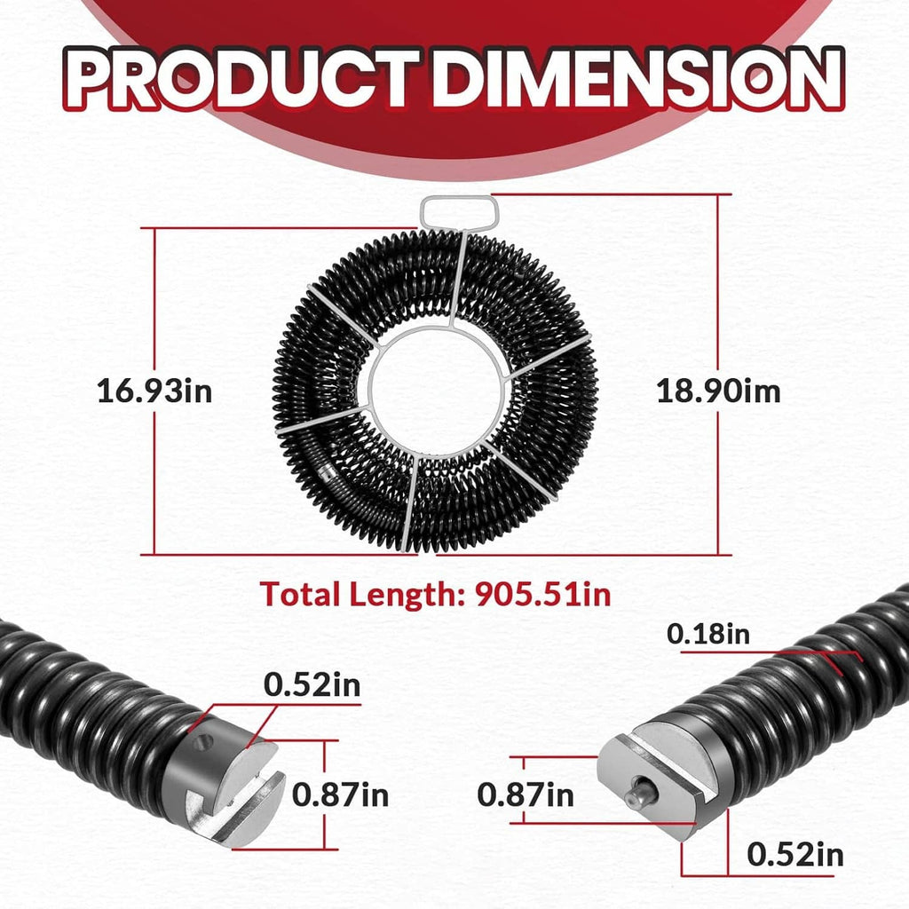 Coiled drain cleaning cable with two metal end couplers and black spring sections