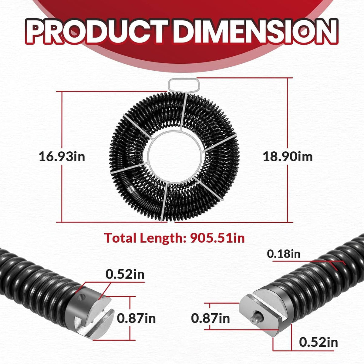 Coiled drain cleaning cable with two metal end couplers and black spring sections