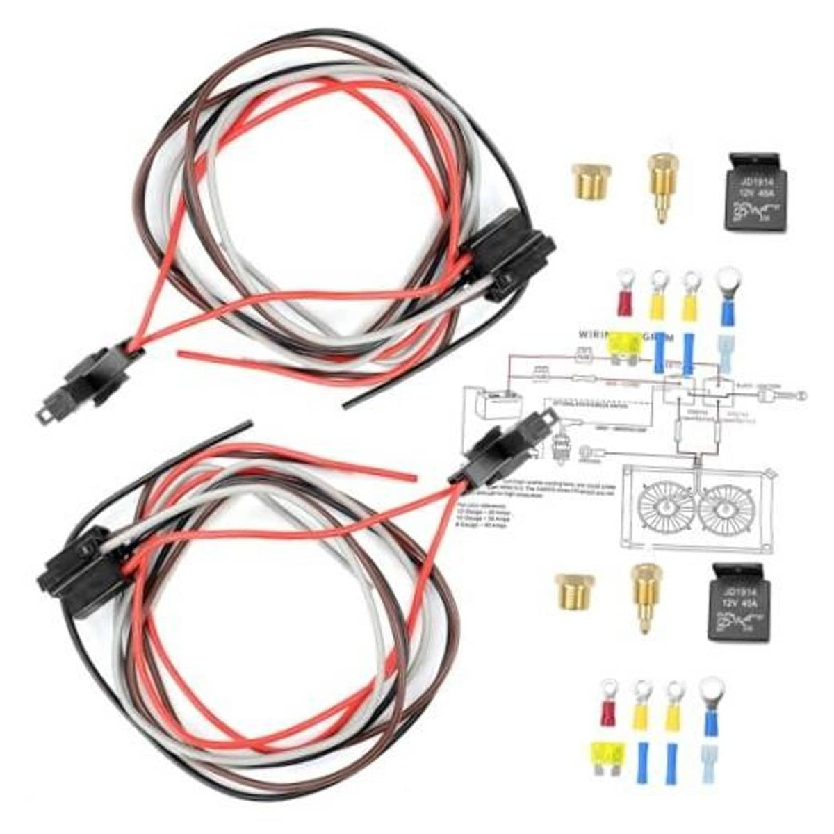 Dual electric fan relay wiring kit with red and black wires and brass connectors