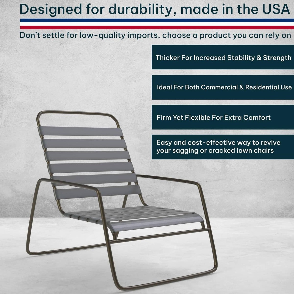 Gray vinyl chair strap on metal frame lounge chair, durability view