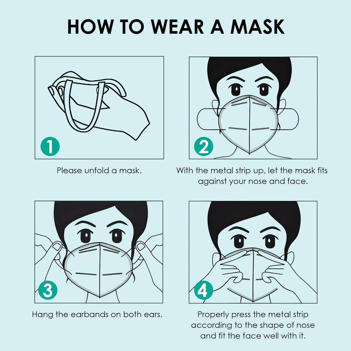 Steps for wearing a grey KN95 respirator face mask: unfold, fit nose strip, secure loops.