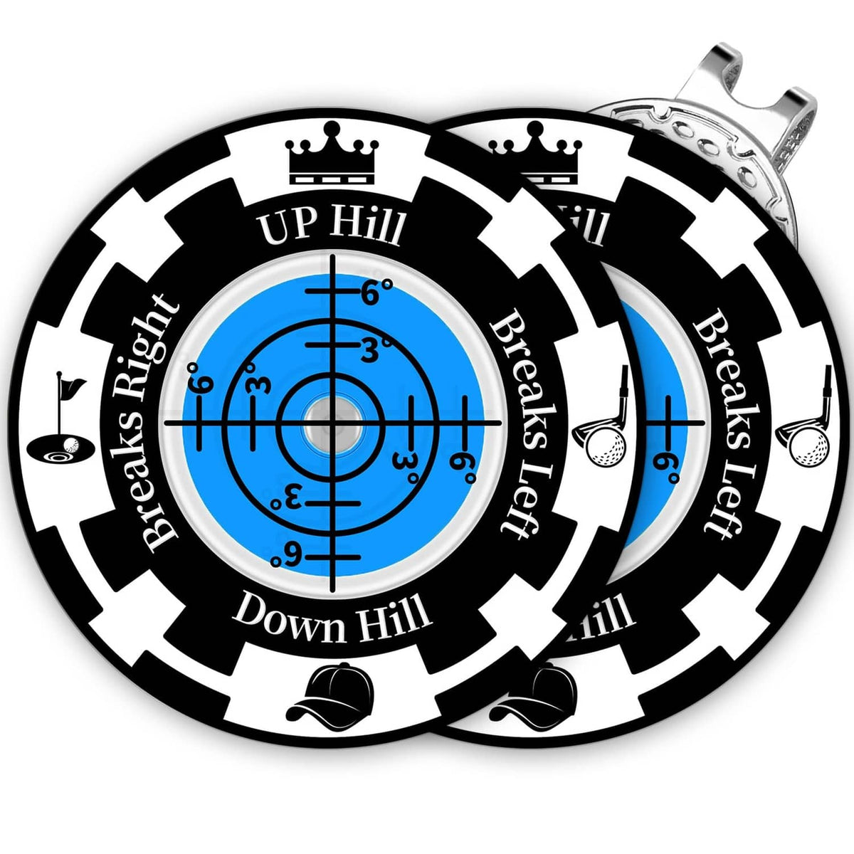 Golf bubble ball marker set, black and white with blue level dials (2 pack)