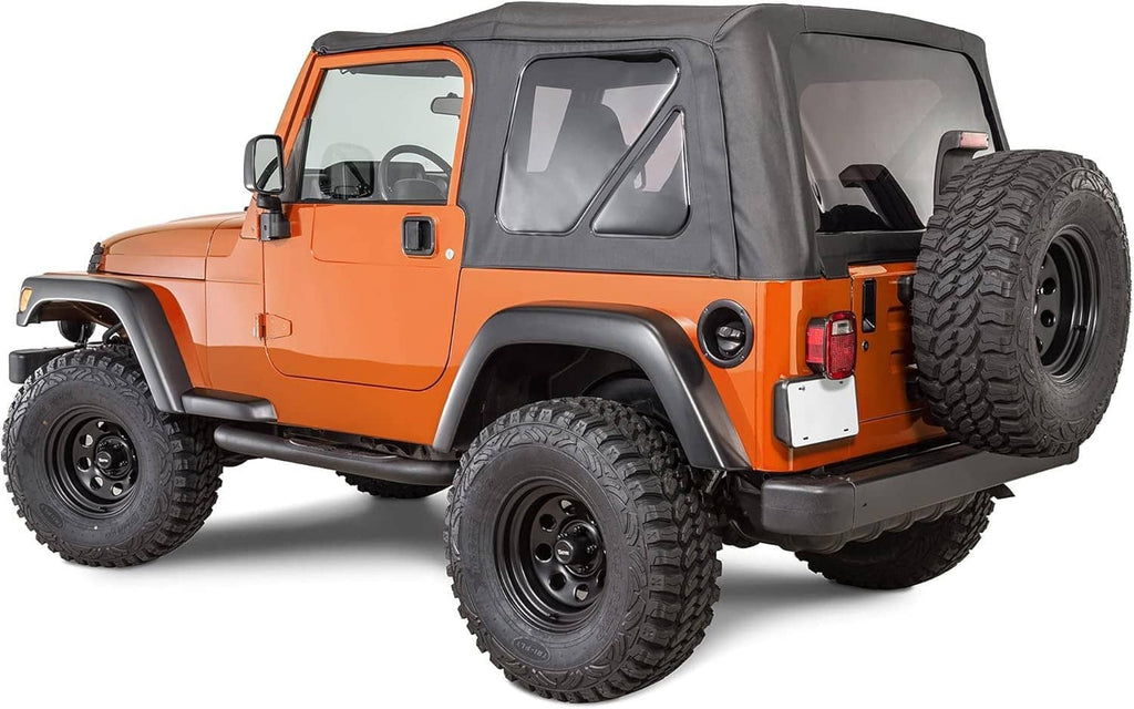Jeep Wrangler TJ premium soft top with upper skins mounted on an orange Jeep