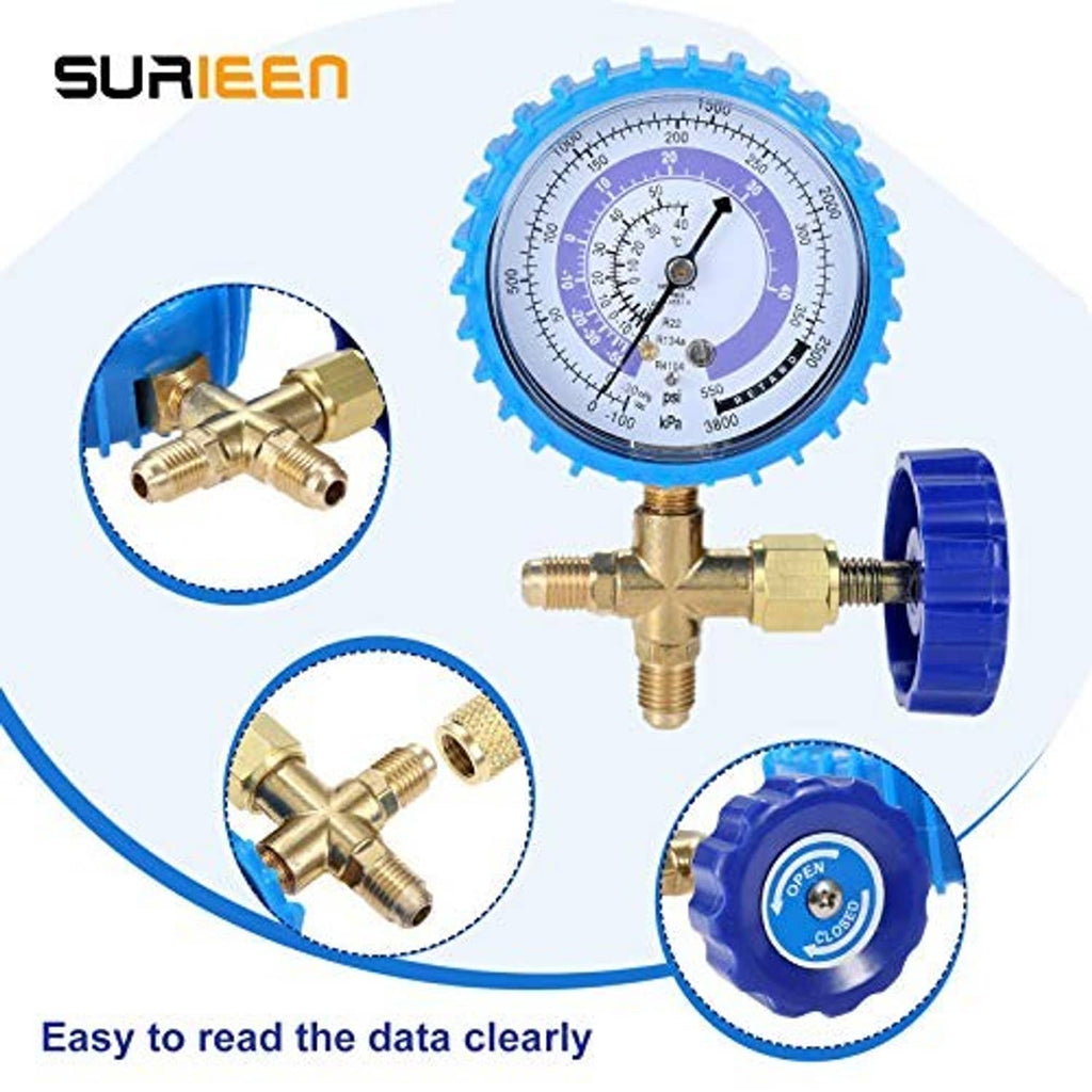 Blue AC charging manifold gauge with brass connectors and large labeled dial