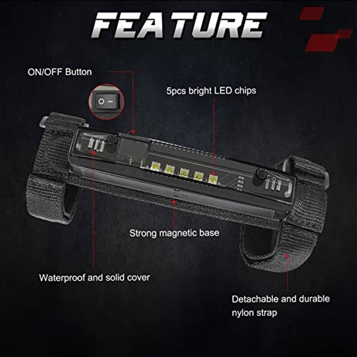 Black LED light bar with clear window, multiple yellow chips, and detachable nylon strap
