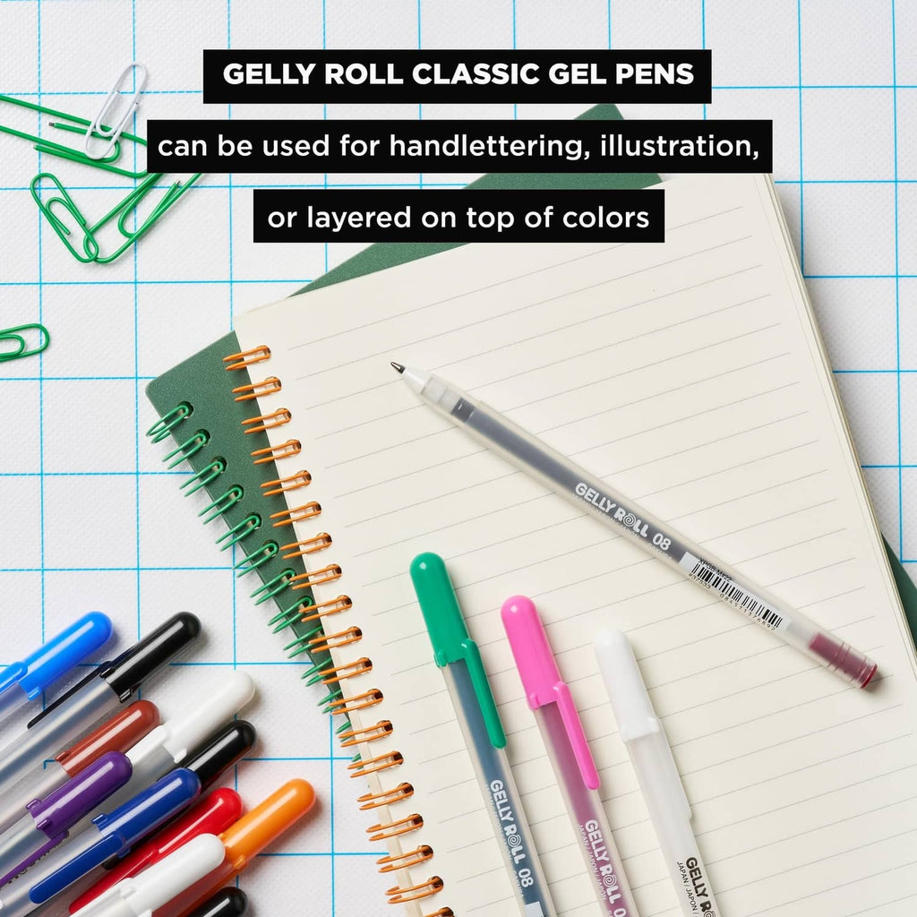 Gelly Roll classic gel pens with colored caps on notebook page with practice lines.