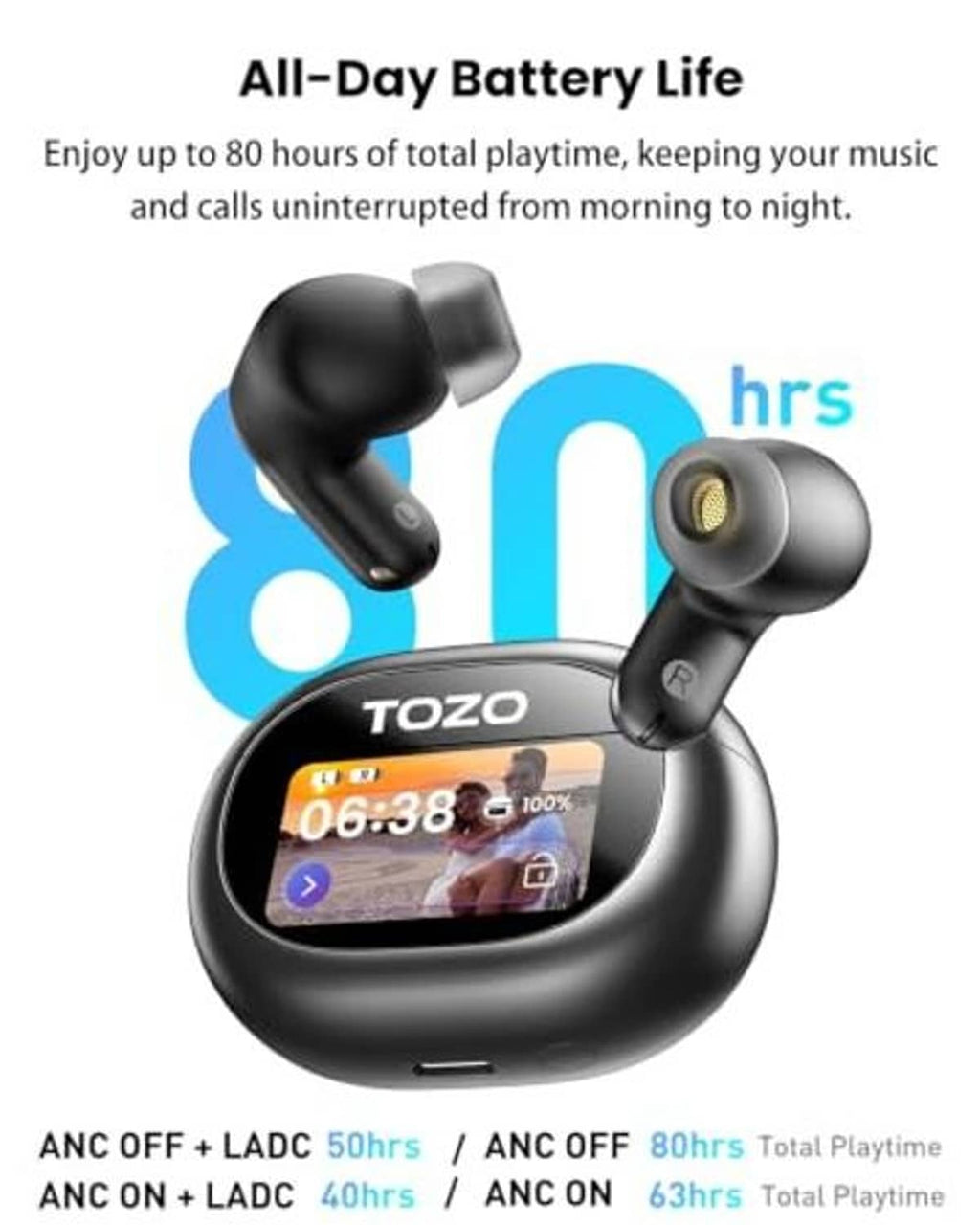 Black wireless earbuds in charging case with LCD screen showing battery life