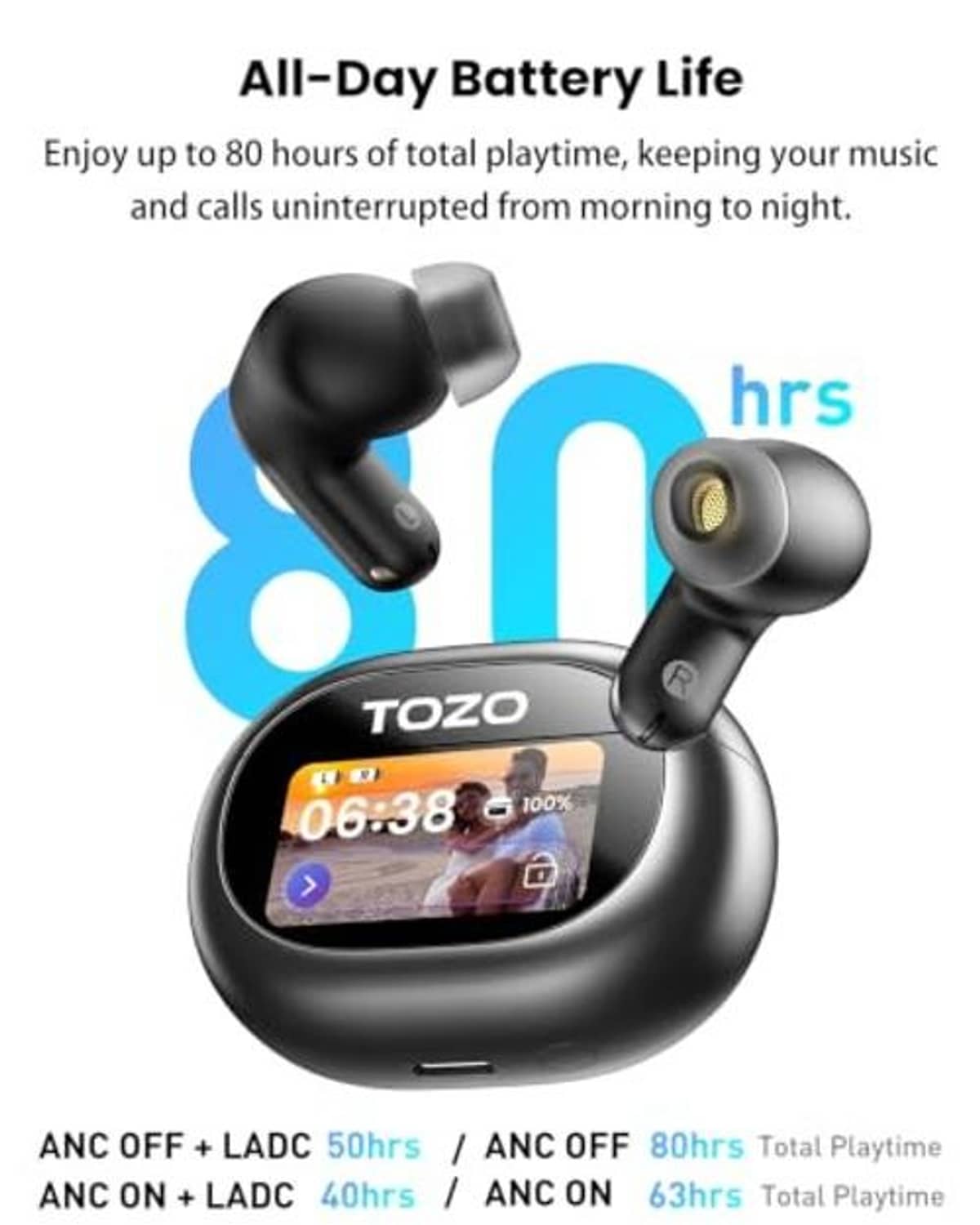 Black wireless earbuds in charging case with LCD screen showing battery life
