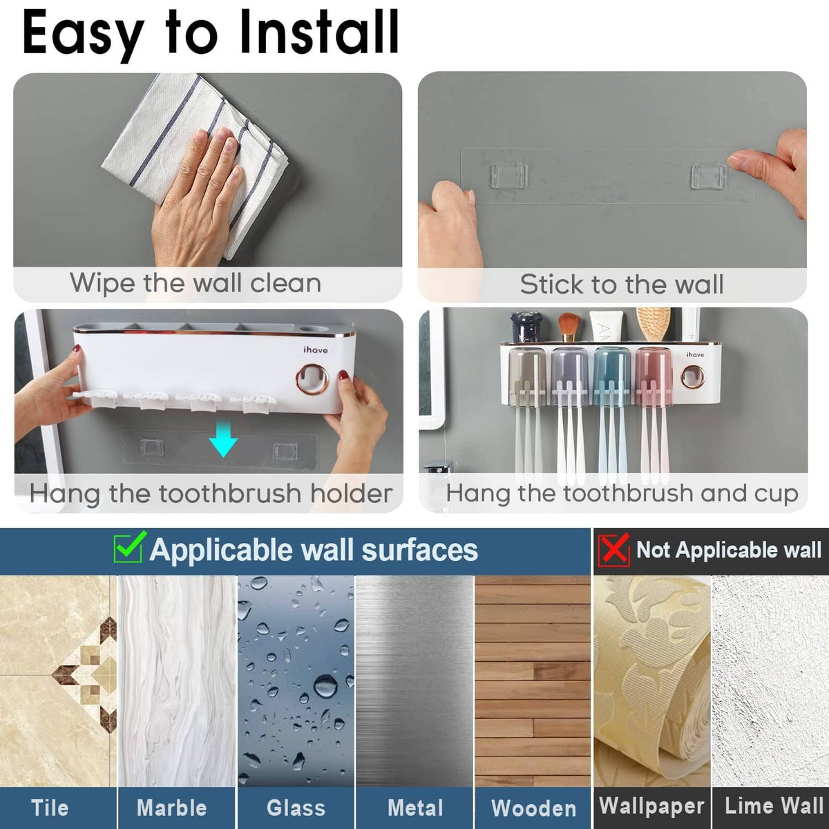Toothbrush holder set with four cups and easy installation steps shown