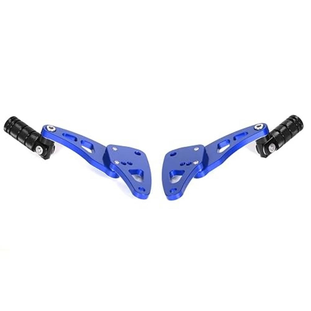Blue rear passenger foot pegs with black rubber grips and foldable brackets