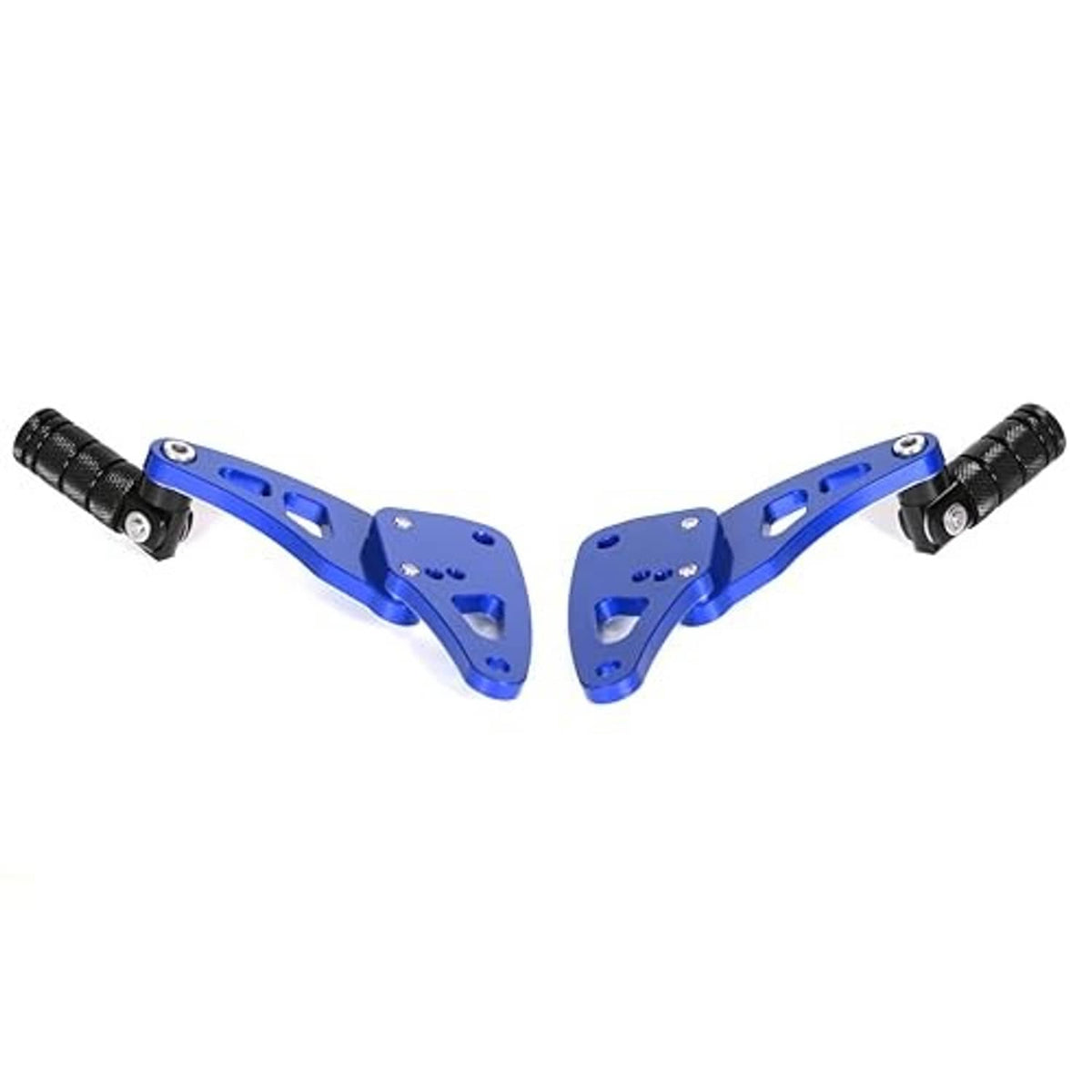 Blue rear passenger foot pegs with black rubber grips and foldable brackets