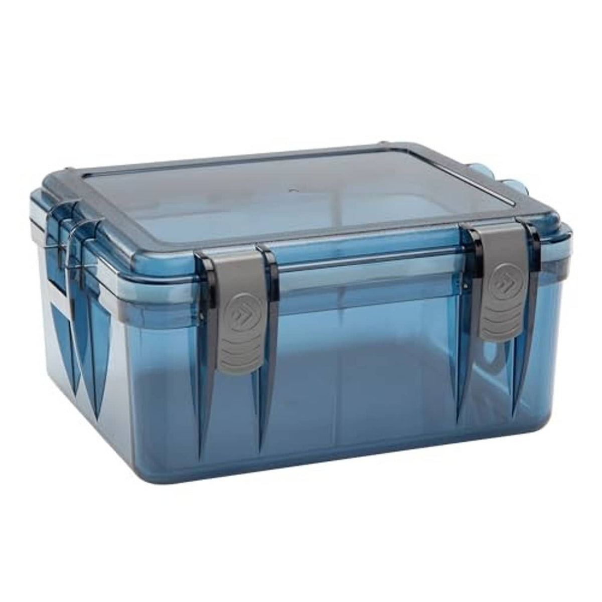 Blue watertight box with clear lid and side latches, rectangular compact case