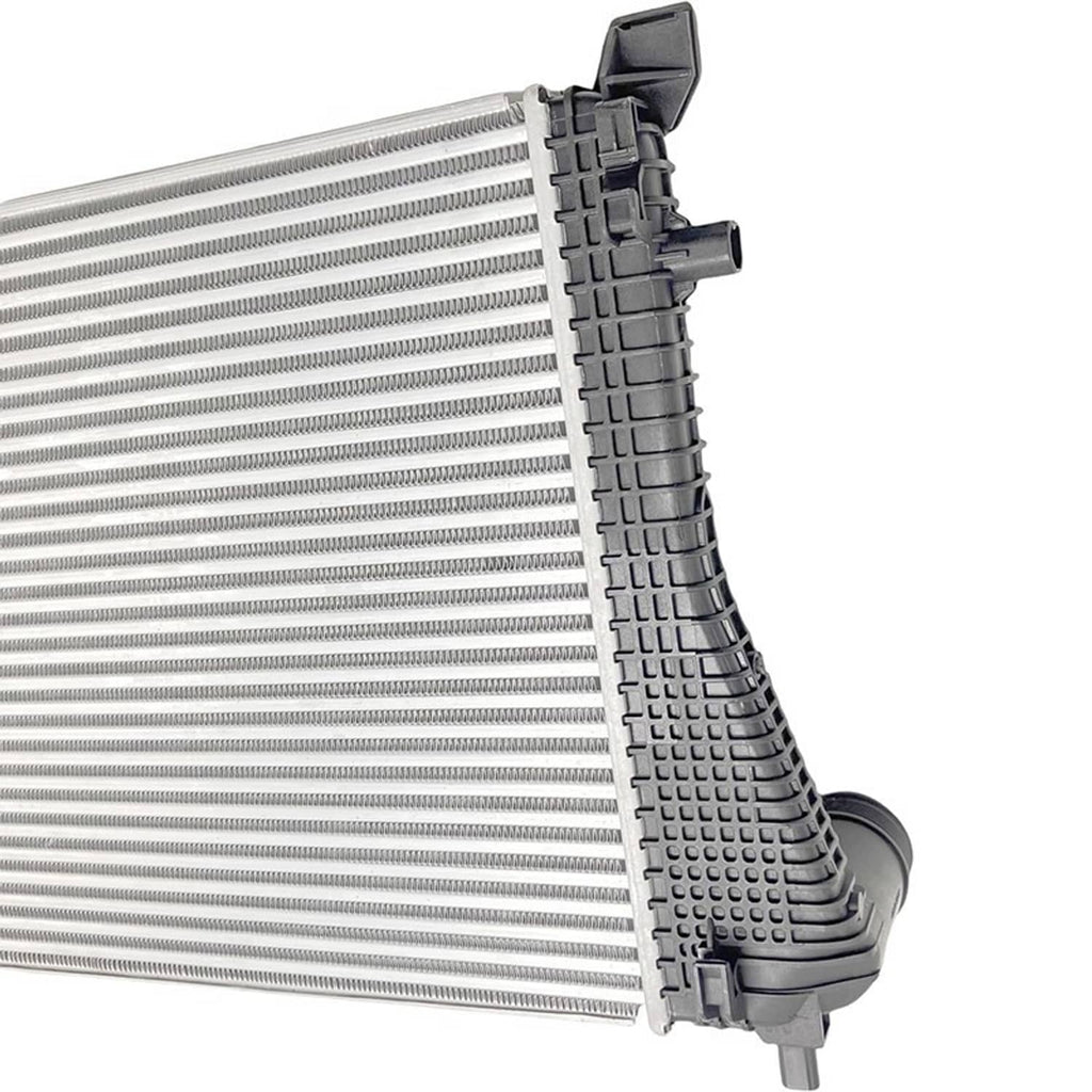 Turbo intercooler charge air cooler corner detail with black plastic fins and silver core