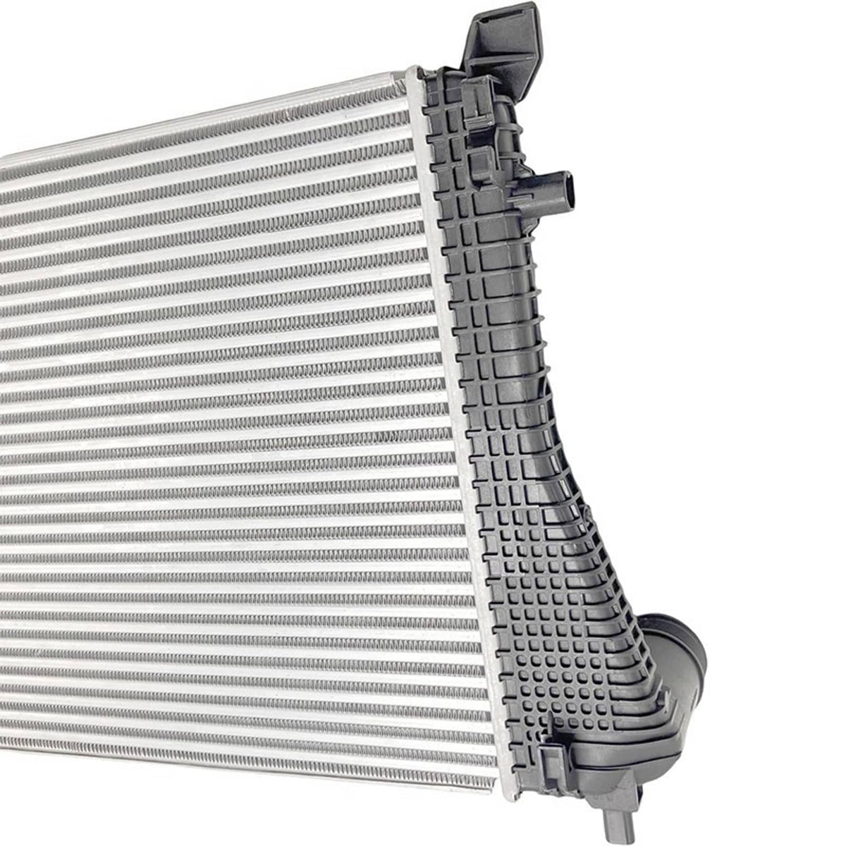 Turbo intercooler charge air cooler corner detail with black plastic fins and silver core