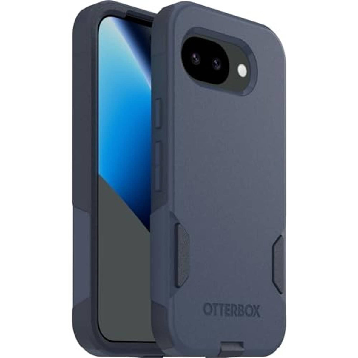 Blue rugged phone case, front and back view with thick shock-absorbing edges