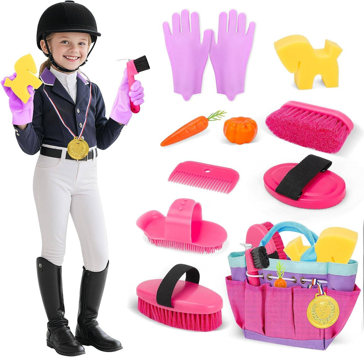 Horse grooming brush set with tote bag and colorful brushes, combs, and massage tools