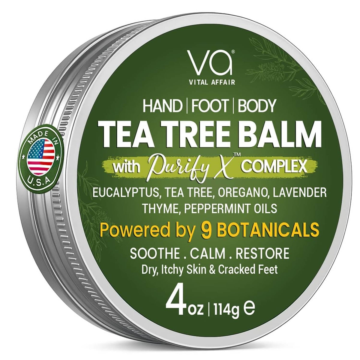 Tea tree balm tin, green label marked VO VITAL AFFAIR, 4 oz size
