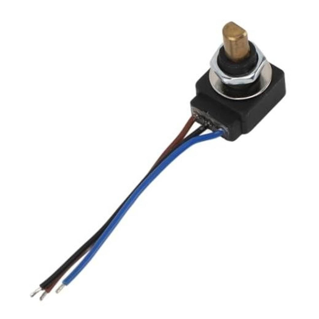 Adjustable resistor with black housing, brass adjustment top, and blue/brown lead wires