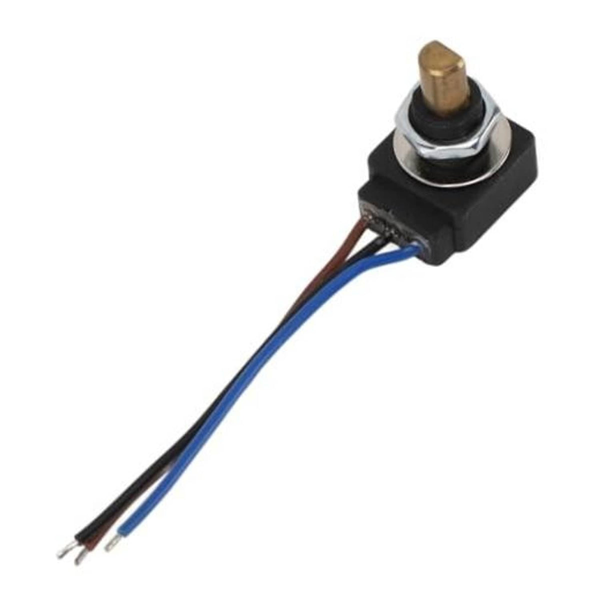 Adjustable resistor with black housing, brass adjustment top, and blue/brown lead wires