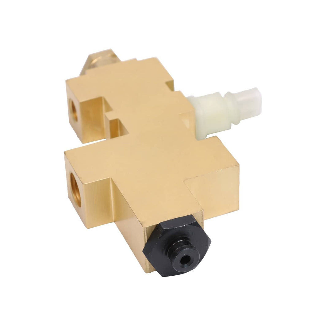 Brass proportioning valve with rectangular body, white connector, and black outlet fitting