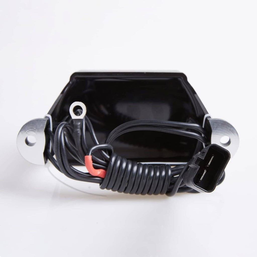 Voltage rectifier regulator with black housing, mounting studs, and bundled wire leads