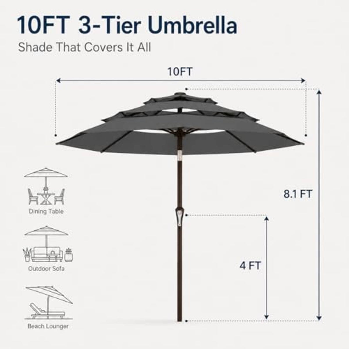 Diagram of grey 10FT 3-tier umbrella canopy with 8.1 FT width