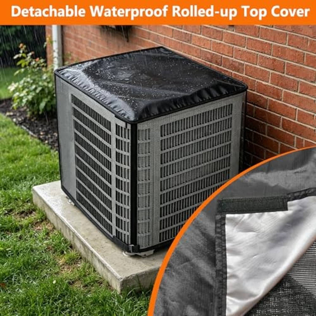 Mesh air conditioner cover on steps with detachable waterproof rolled-up top cover flap