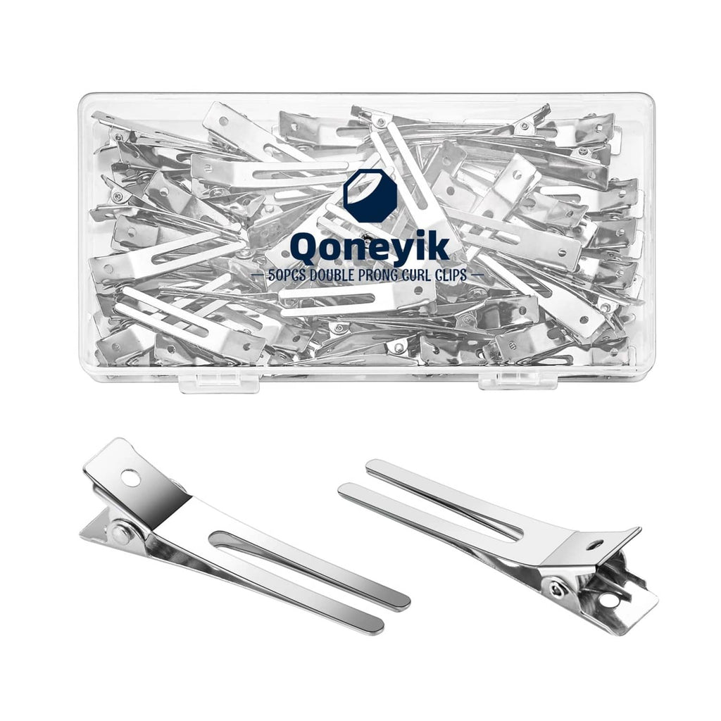 Double-prong metal hair clips, silver, assorted 50-pack in clear case