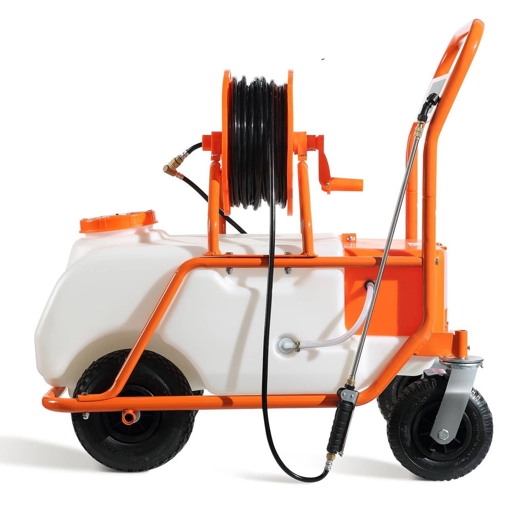 Close-up of battery lawn sprayer cart with orange hose reel, black hose, and wheels