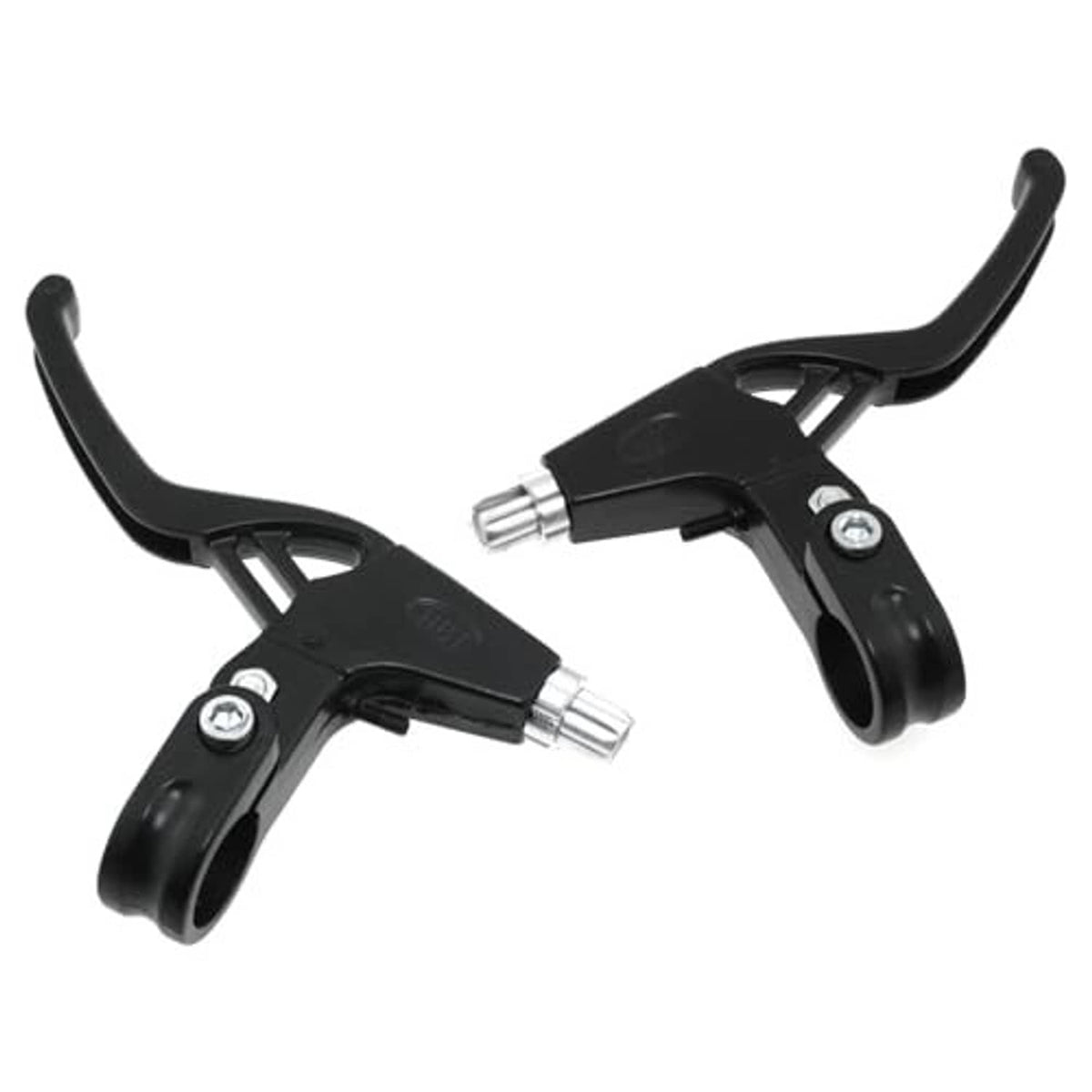 Pair of black extended bicycle brake levers, side view with silver mounting hardware