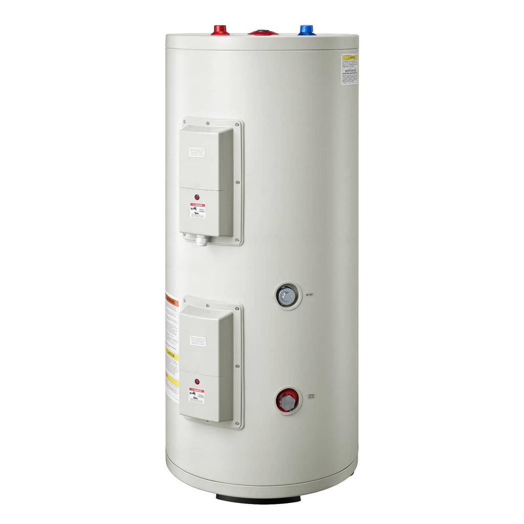 White electric water heater tank with front controls, indicator dial, and top fittings