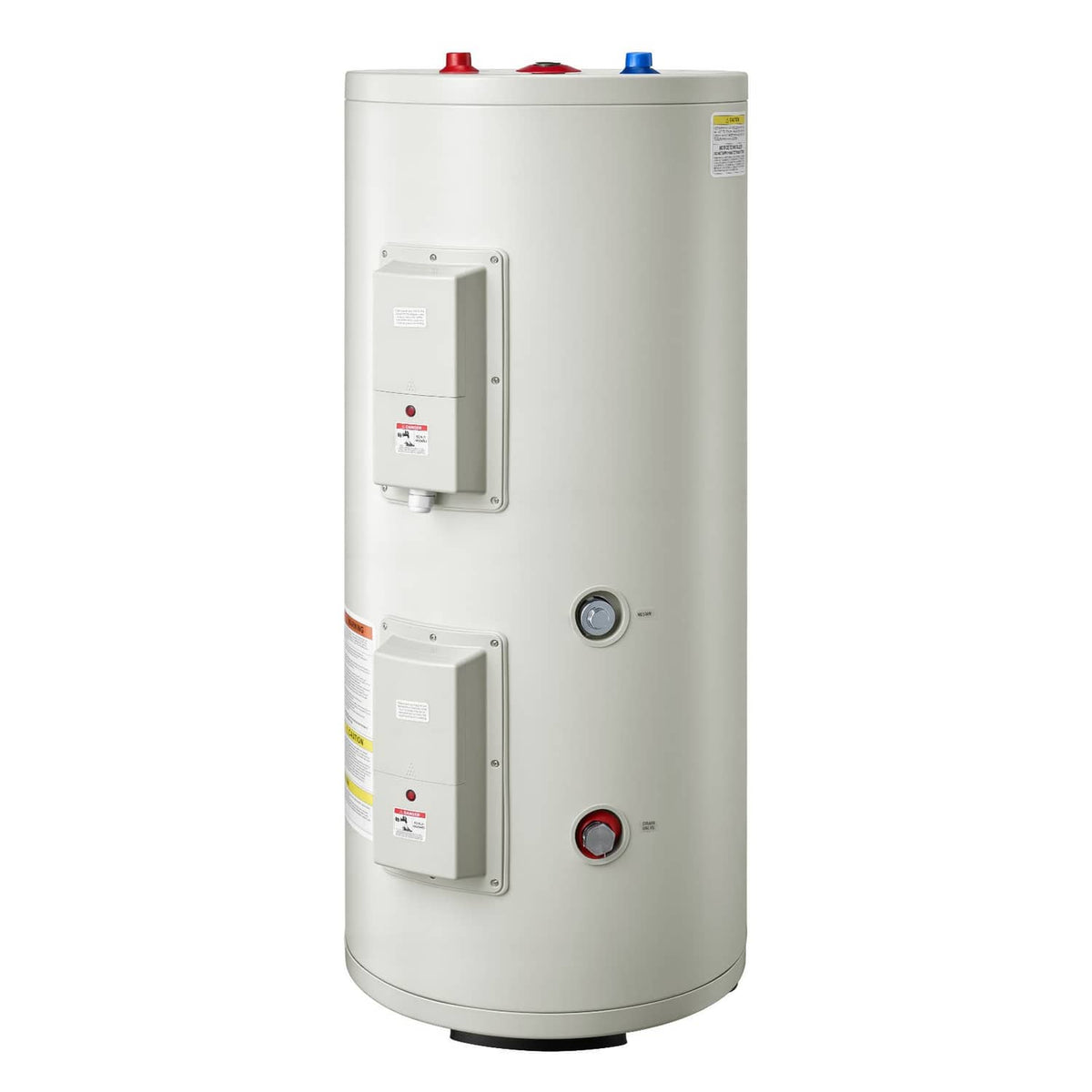 White electric water heater tank with front controls, indicator dial, and top fittings