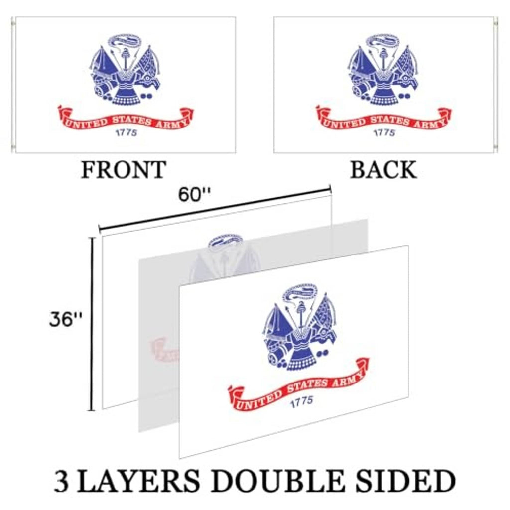 Embroidered US Army flag front and back view with size measurements