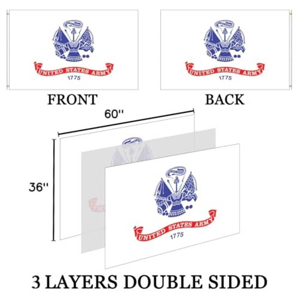 Embroidered US Army flag front and back view with size measurements