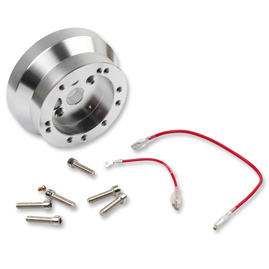 Polished aluminum steering wheel hub adapter with bolt kit and wiring leads