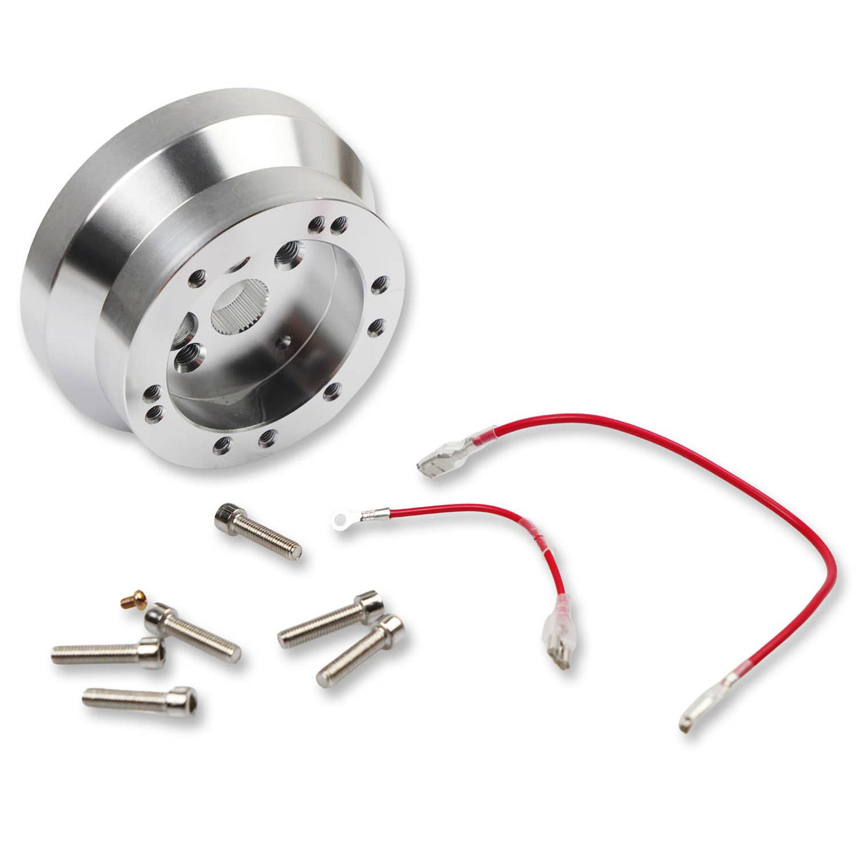 Polished aluminum steering wheel hub adapter with bolt kit and wiring leads