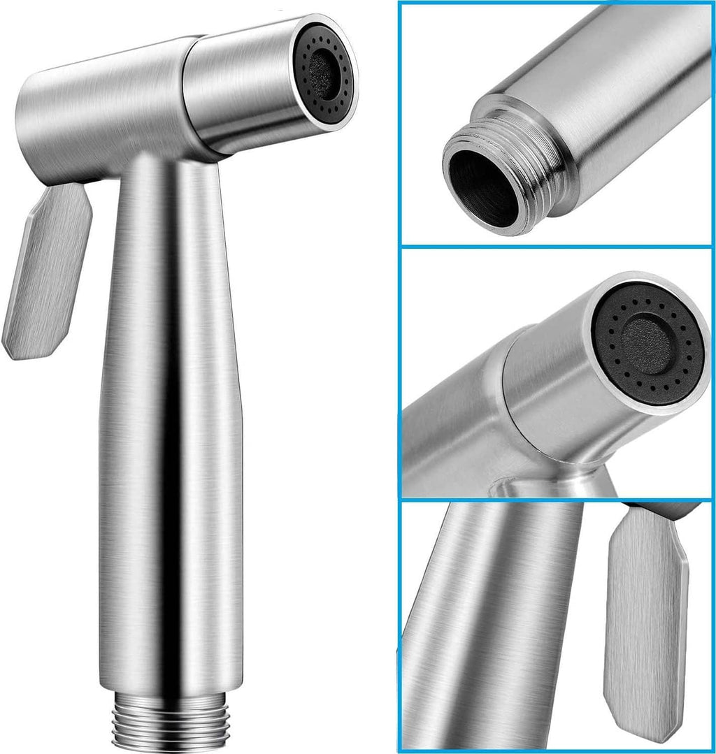 Stainless steel handheld bidet sprayer showing threaded connection and spray head