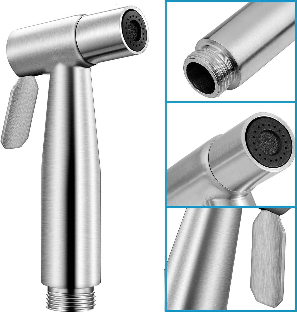Stainless steel handheld bidet sprayer showing threaded connection and spray head