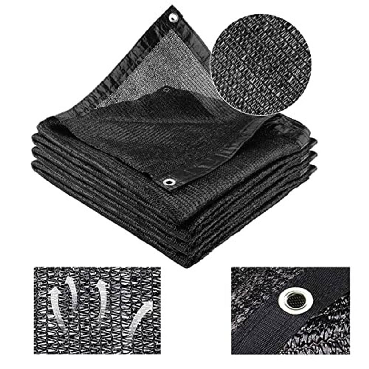Black woven shade cloth sheets stacked, with reinforced metal grommet attachment