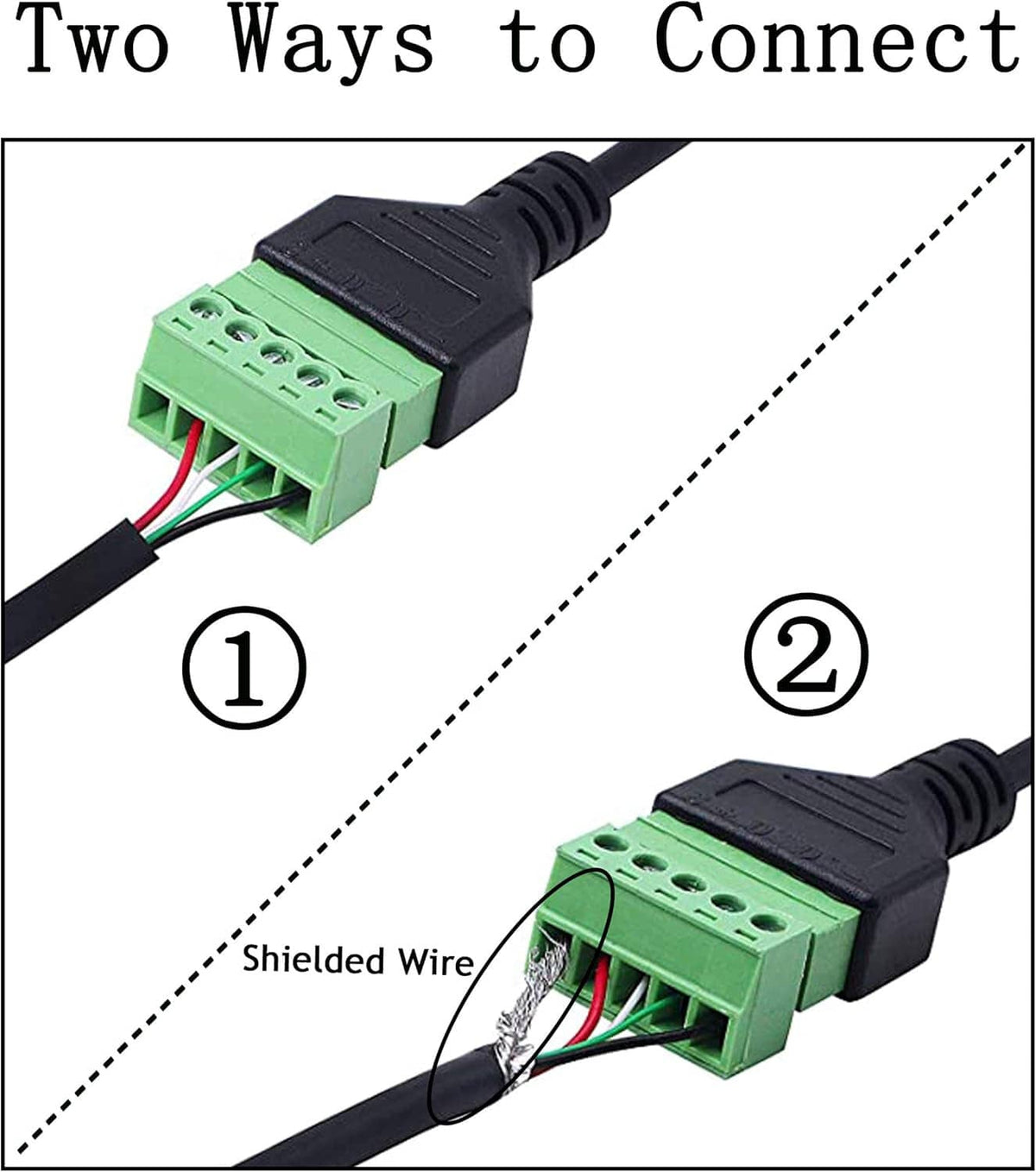USB-C male screw terminal connector with green block and shielded wire leads
