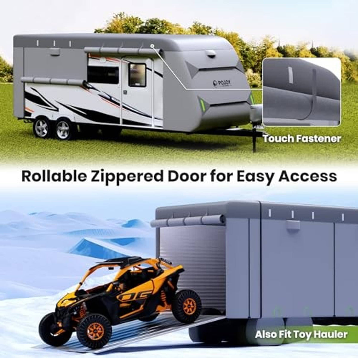 Gray RV travel trailer cover with rollable zippered door and touch fastener panels