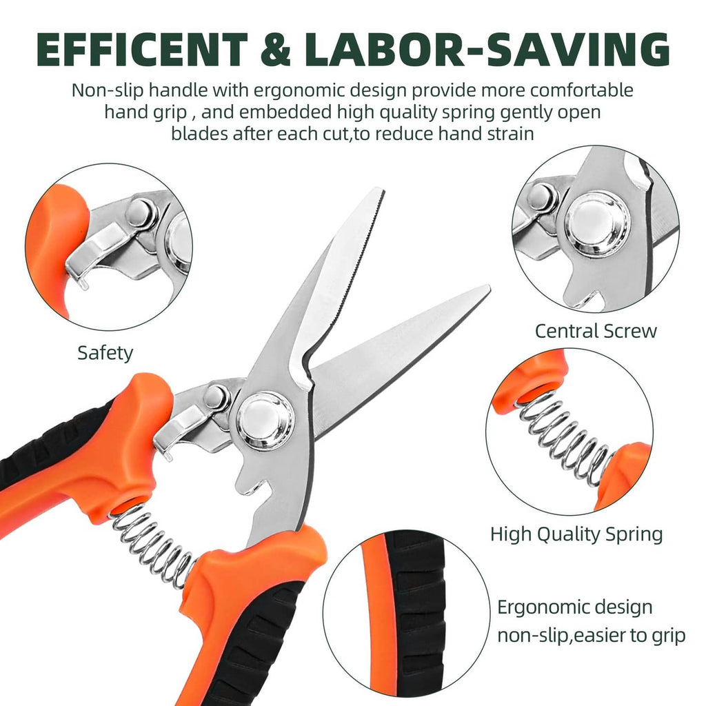Orange pruning shears with stainless blades, spring mechanism, and ergonomic no-slip grip