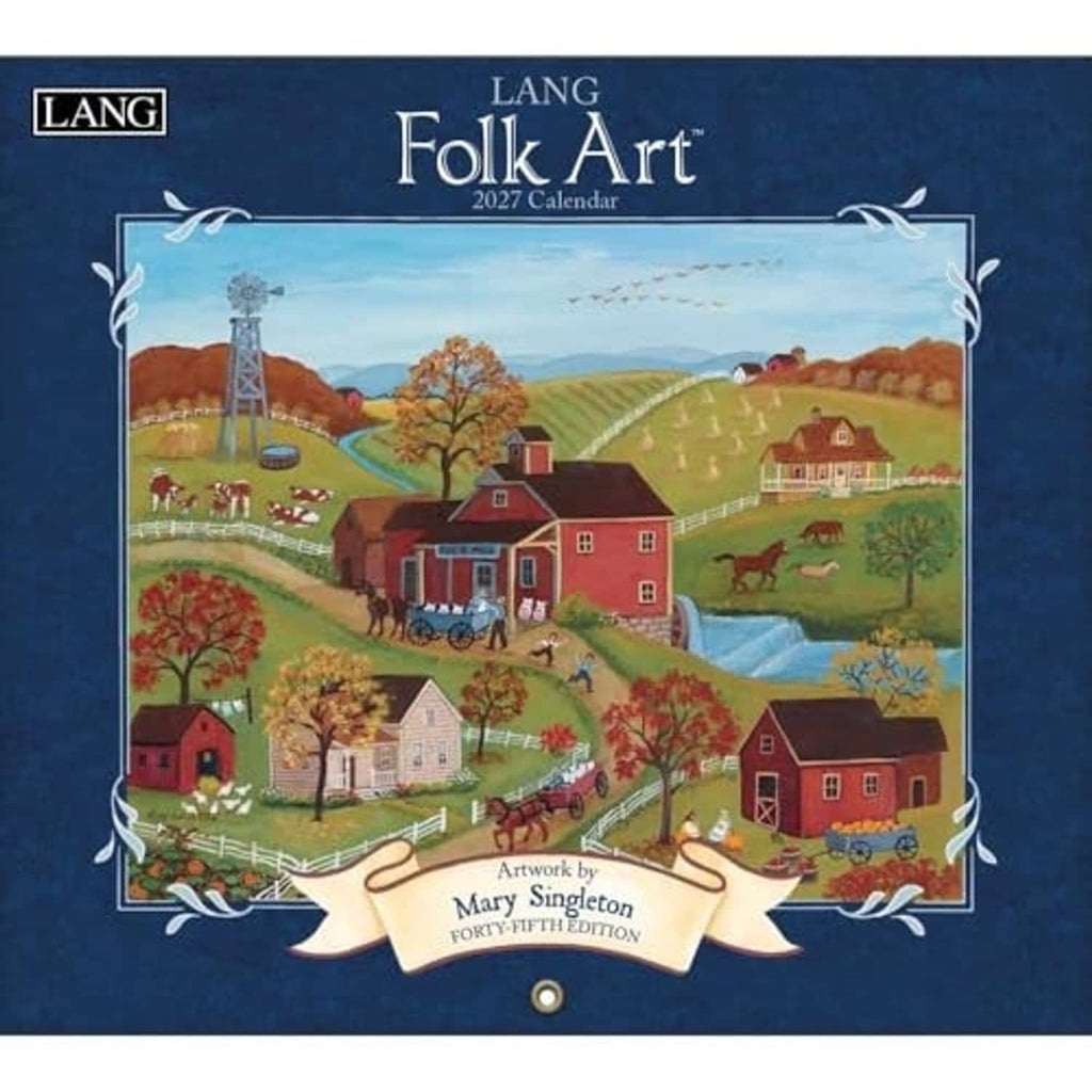 LANG Folk Art 2027 calendar front cover, blue with illustrated rural farm scene