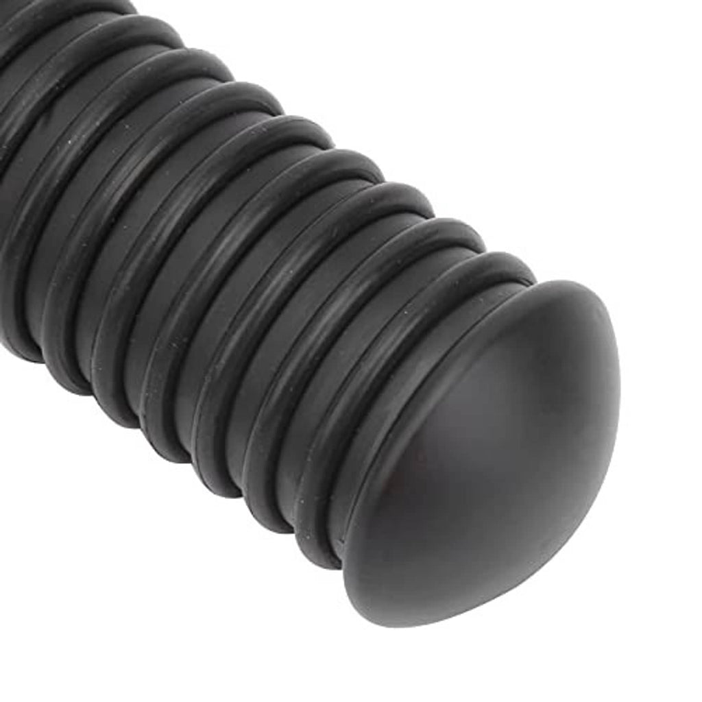 Close-up of black ribbed coil foot peg end cap on foldable pedal