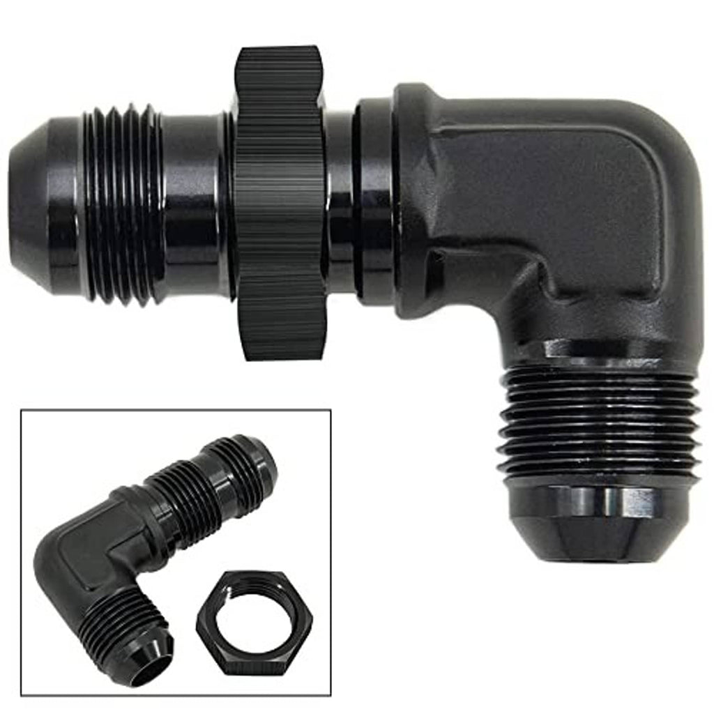 Angle view of black 90-degree bulkhead flare fitting adapter with outer threads and hex nut