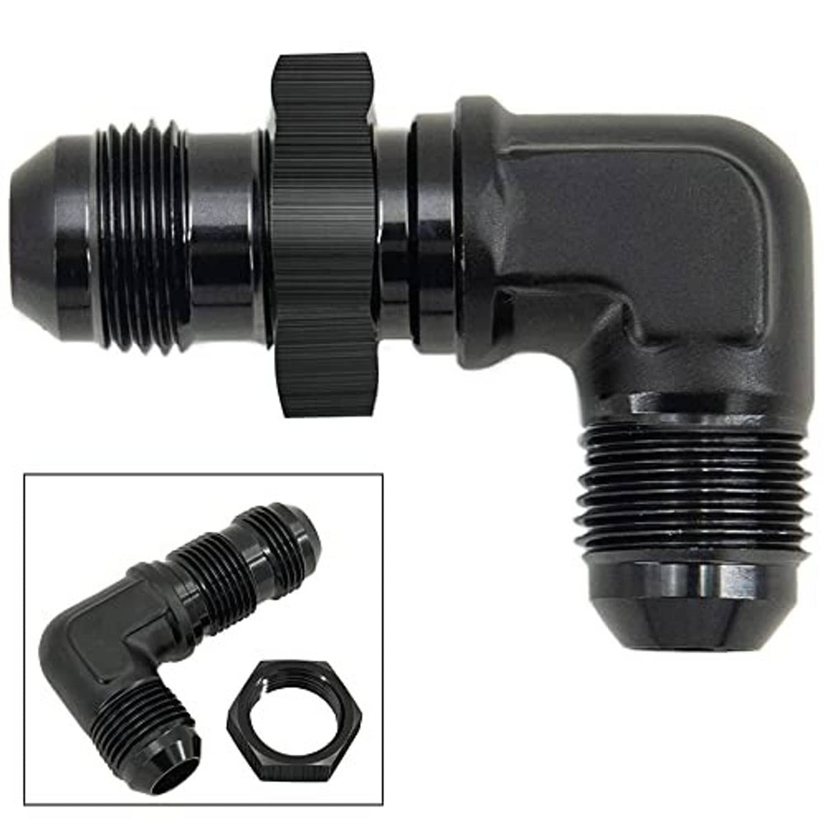 Angle view of black 90-degree bulkhead flare fitting adapter with outer threads and hex nut